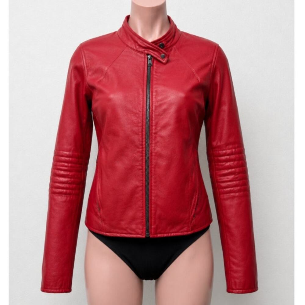 William B Cherry Red 100% Leather Moto Jacket Front Zip Silk Lining S - Picture 1 of 14